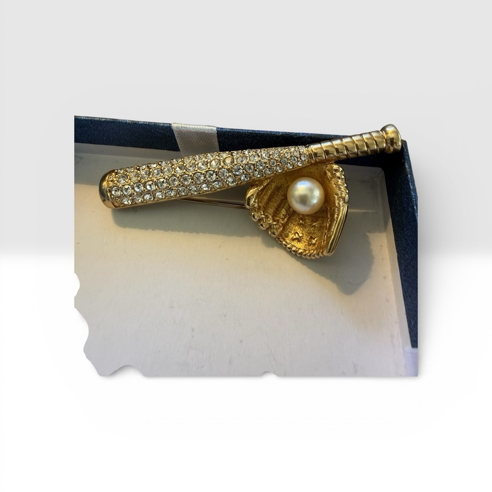 Gold Baseball Bat Brooch with Pearl and Swarovski Crystals